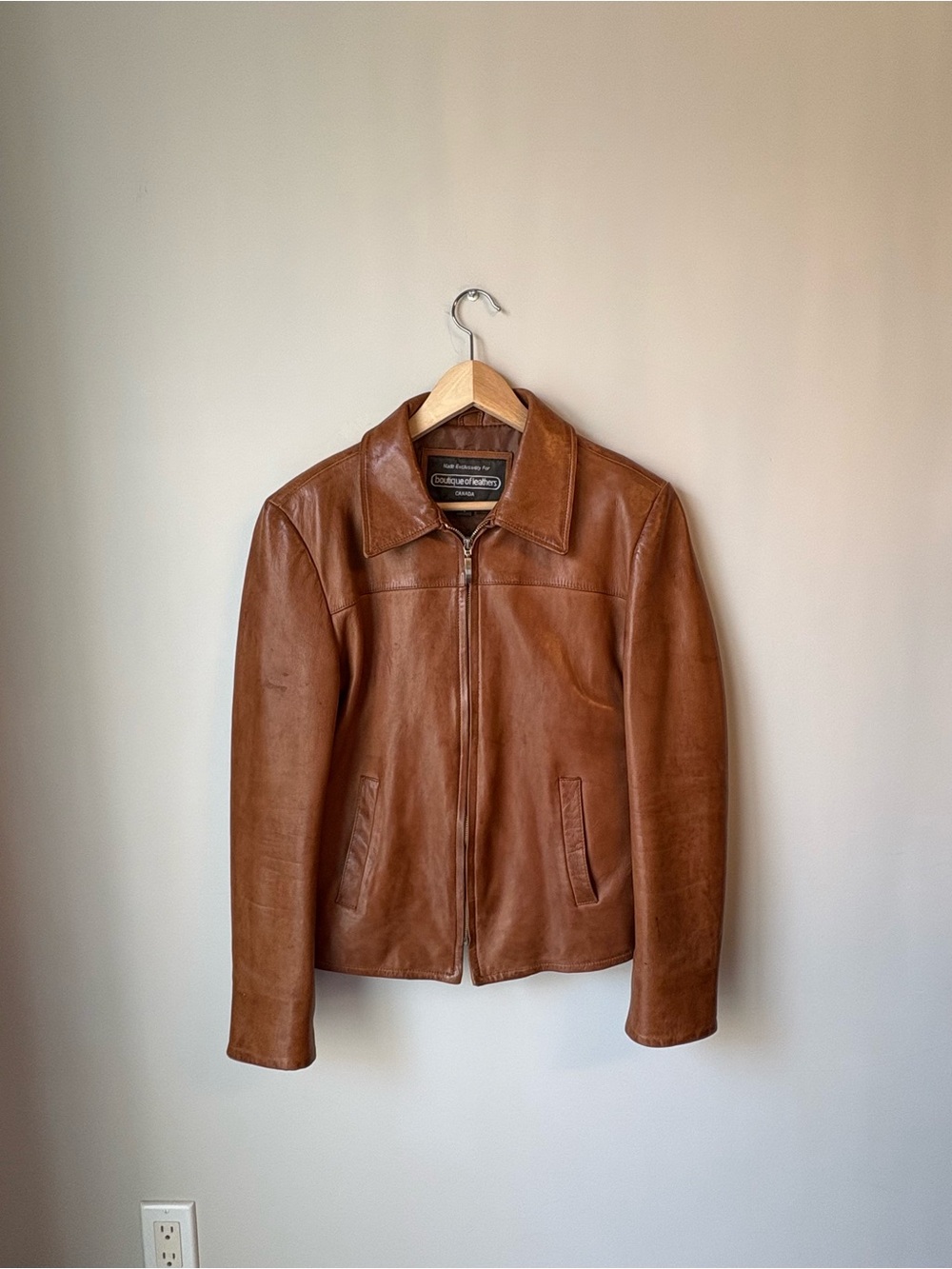 Women's Tan Leather Zip-Front Collared Jacket